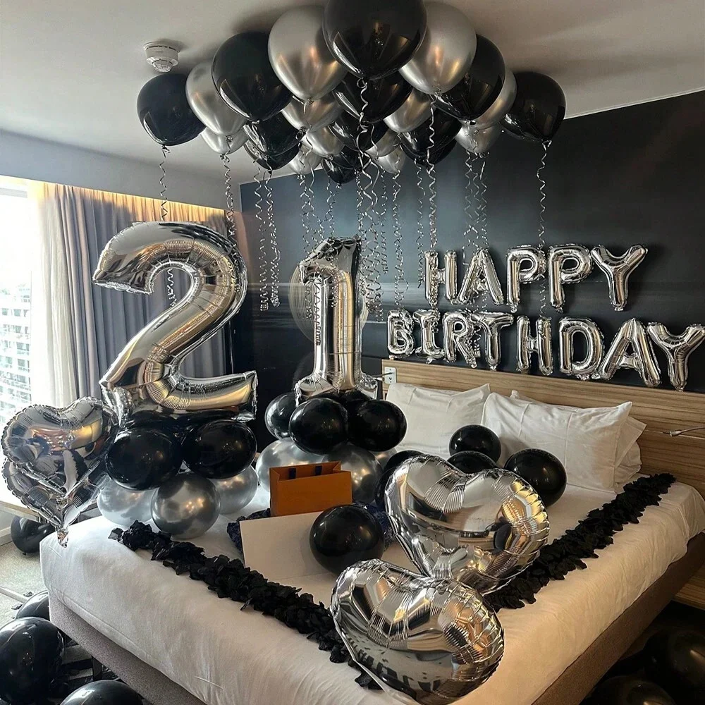 1050pcs Black & Silver Party Balloons Decorations with Silver Happy Birthday Banner Chrome Balloons for Kids and Adults