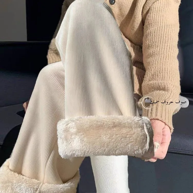 بنطلون نسائي واسع الساق من القطيفة المخملية السميكة، سروال كاجوال للخريف والشتاء، تصميم عصري بخصر مرتفع من ألياف البوليستر، د...