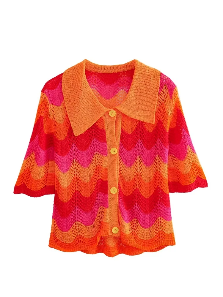 

ZXQJ 2023 Women Fashion Pointelle Knit Polo Cardigan Sweater Vintage Short Sleeve Front Button Female Outerwear Chic Tops