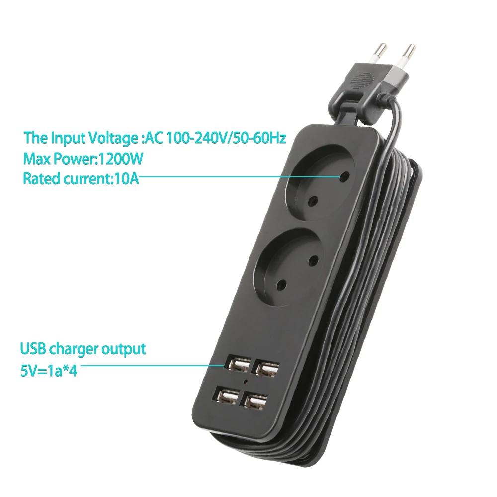 Power Strip EU Plug Portable Extension 4 USB Port Charger 1200W 250V HUB German PD Special Jack
