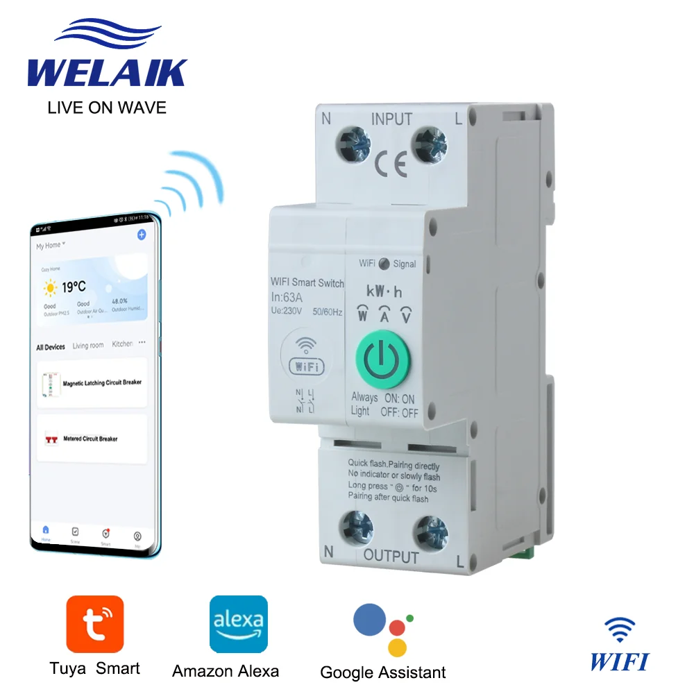 Welaik Wifi Tuya 40a 63a Interruptor de Disjuntor de Ramo Inteligente Caixa Elétrica 220v