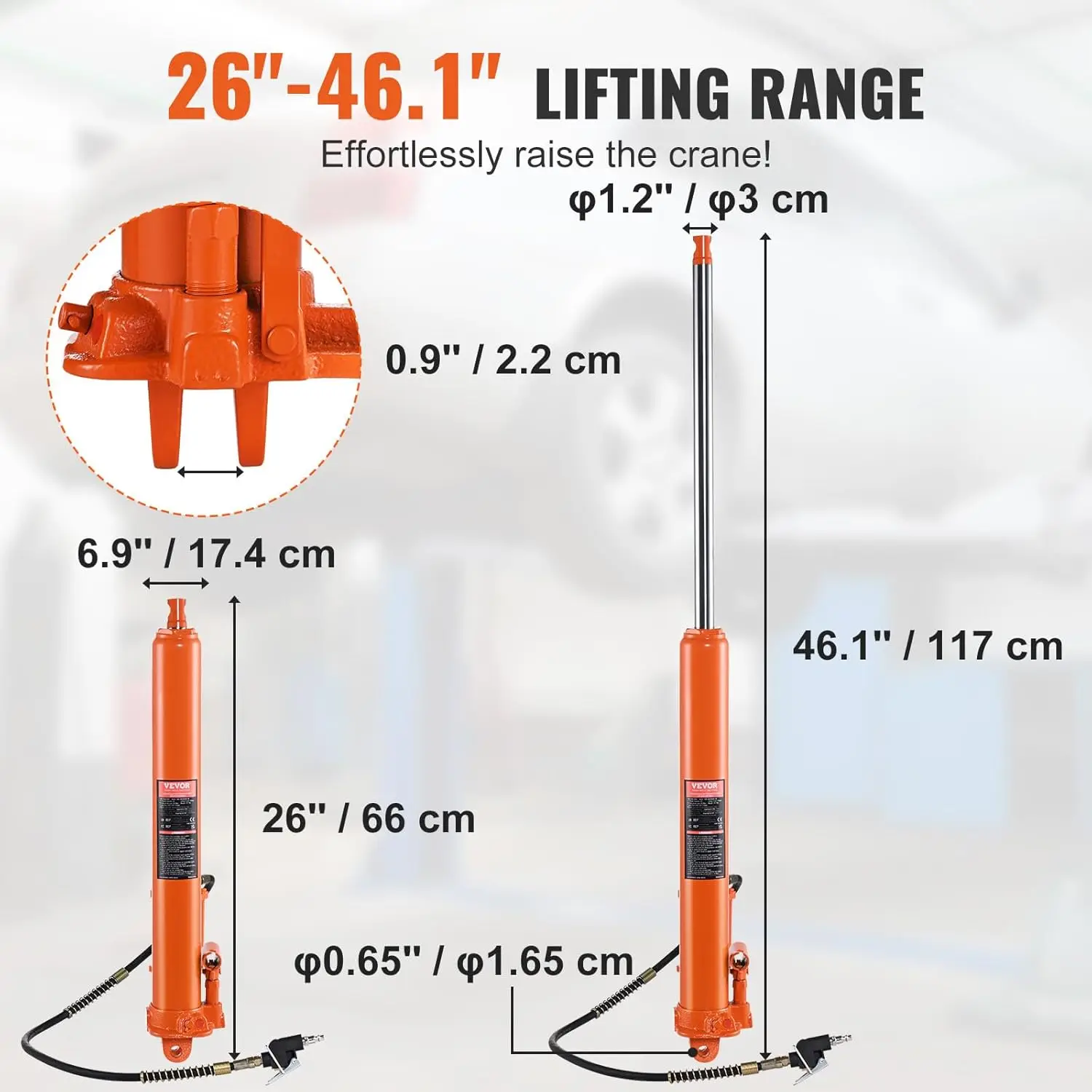 Long Ram Jack, 8 Ton Engine Hoist Cylinder with Air Pump and Single Piston Pump, Hydraulic Ram Cylinder Clevis B 3