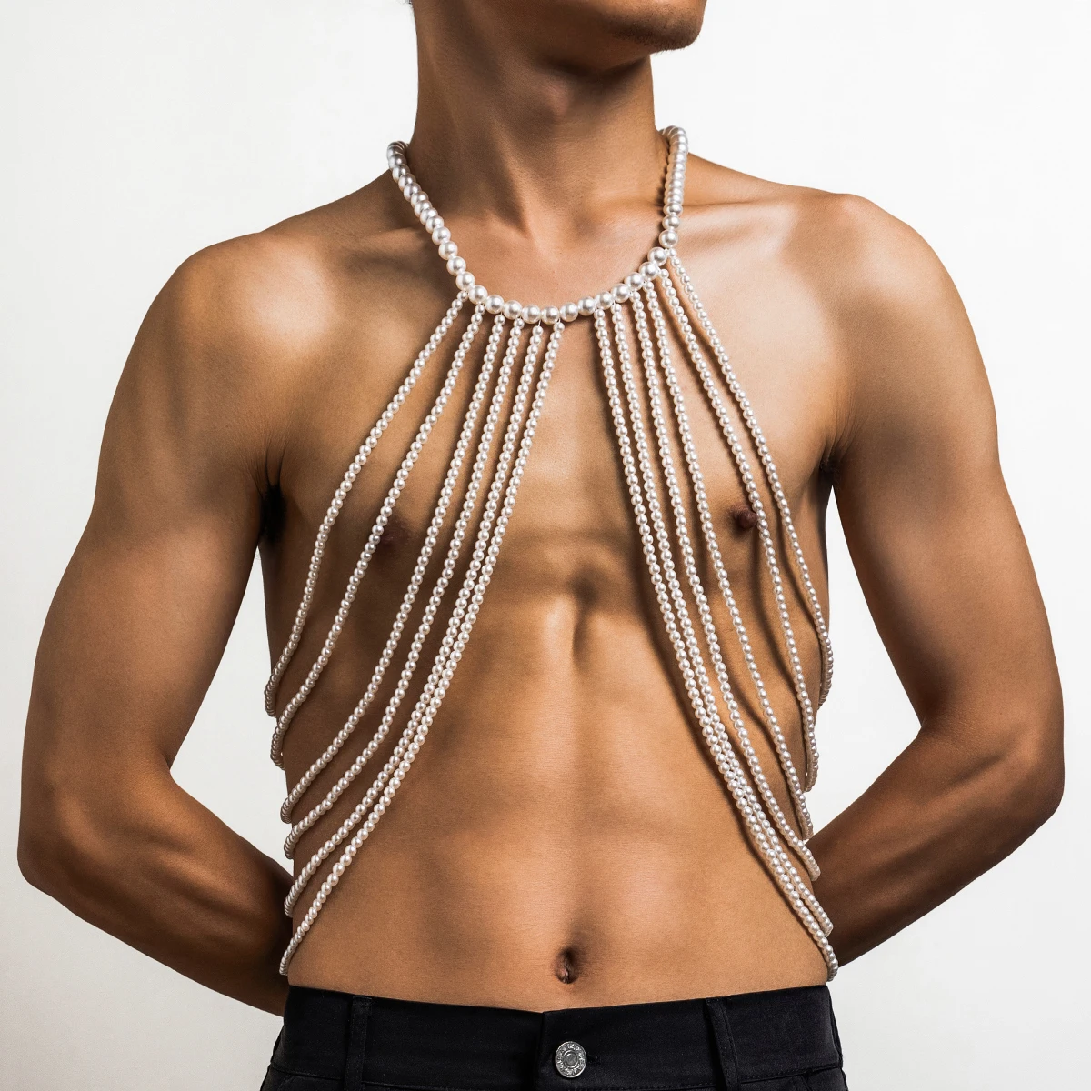 

Salircon Trend Hanging Neck Imitation Pearl Multi-layer Tassel Front Chest Chain Waist Chain Sexy Women's Nightclub Body Jewelry