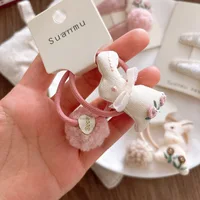 Autumn Winter Sweet 3D Embroidery Cute Rabbit Baby Velvet BB Clips Side Hairpins Girls Sakura Pink Fluffy Pom Pom Hair Ties - Image 2