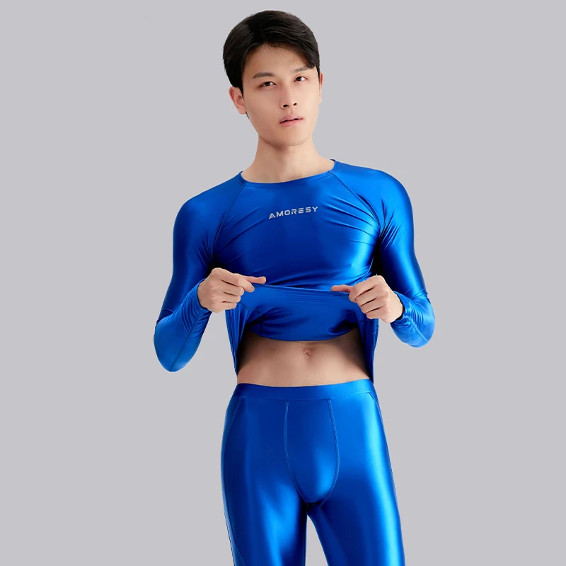 sexy satin glossy men top round neck tight fitting long sleeved T-shirt for men's Sports Fitness Running Spandex Shirts Tops