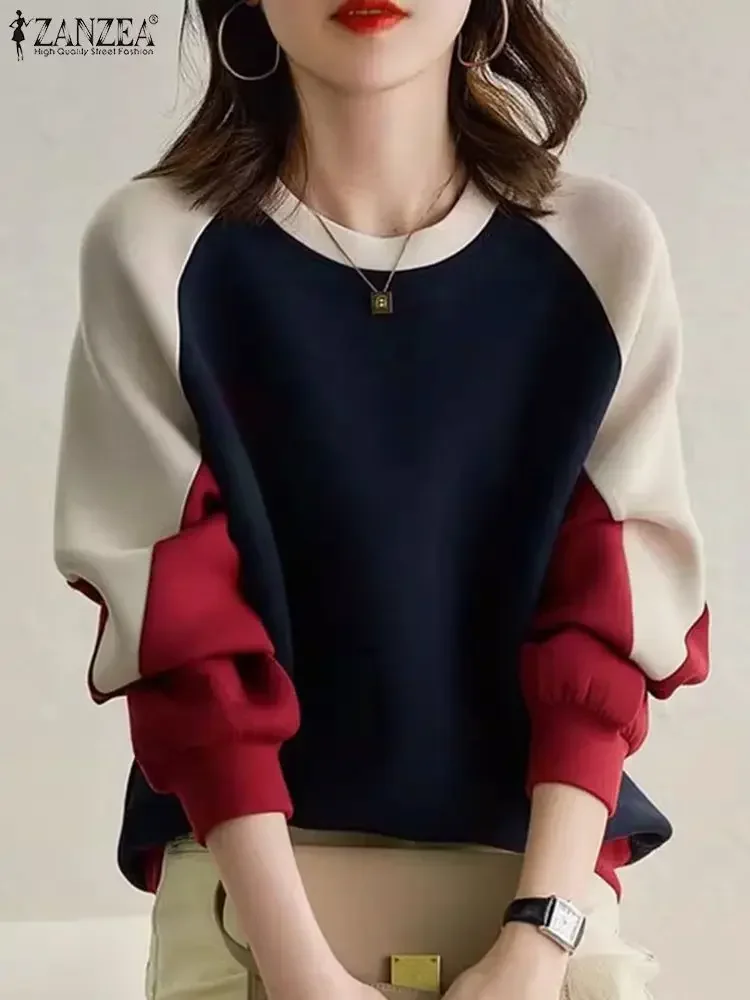 2024 ZANZEA Fashion Women Sweatshirt Autumn Long Sleeve Sweater Casual O Neck Patchwork Hoodies Tops Loose Pullover Streetwear 2