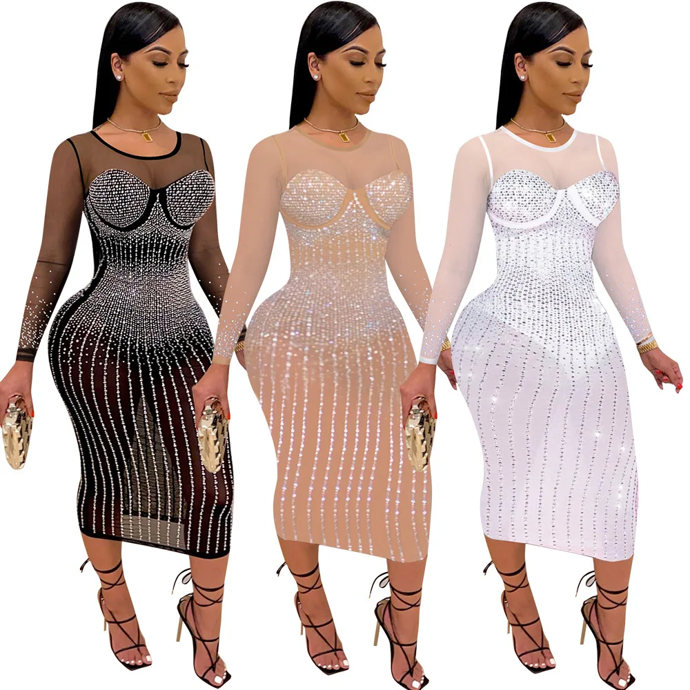 

AOSKM VK2198 AuTumn New FasHion Trend Sexy Long-SleeVed TrouSers Gauze TranSParent DiaMond-EncRusTed, Dress, NigHtcLub CloThes