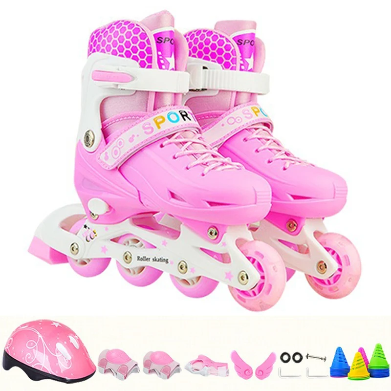 Kids Inline Roller Skates Full Set With Knee Elbow Pads Helmet Protective Gear For Boys Girls Beginner Sneakers 4 Wheels Skates