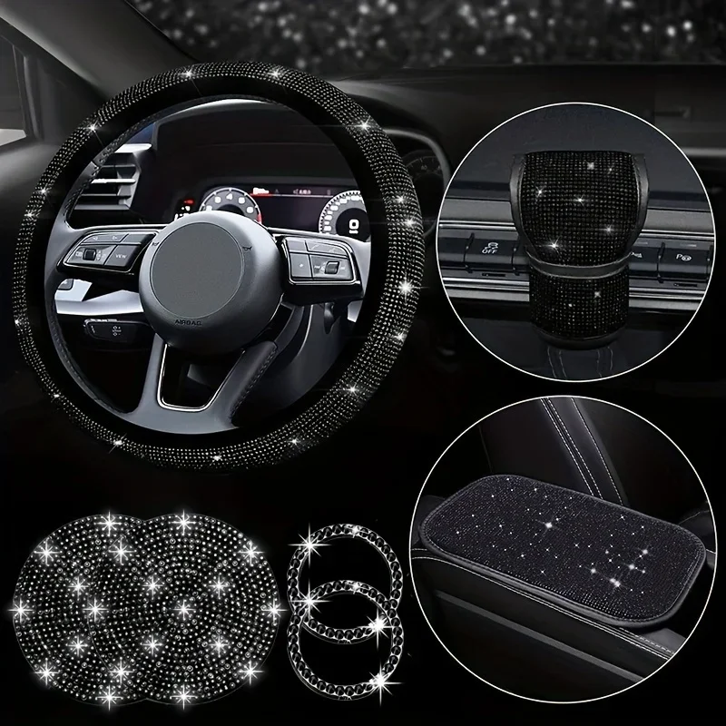 7pcs Bling Car Accessories For Women, Bling Steering Wheel Cover Bling Car Coasters Bling Car Armrest Box Mat Ring Emblem