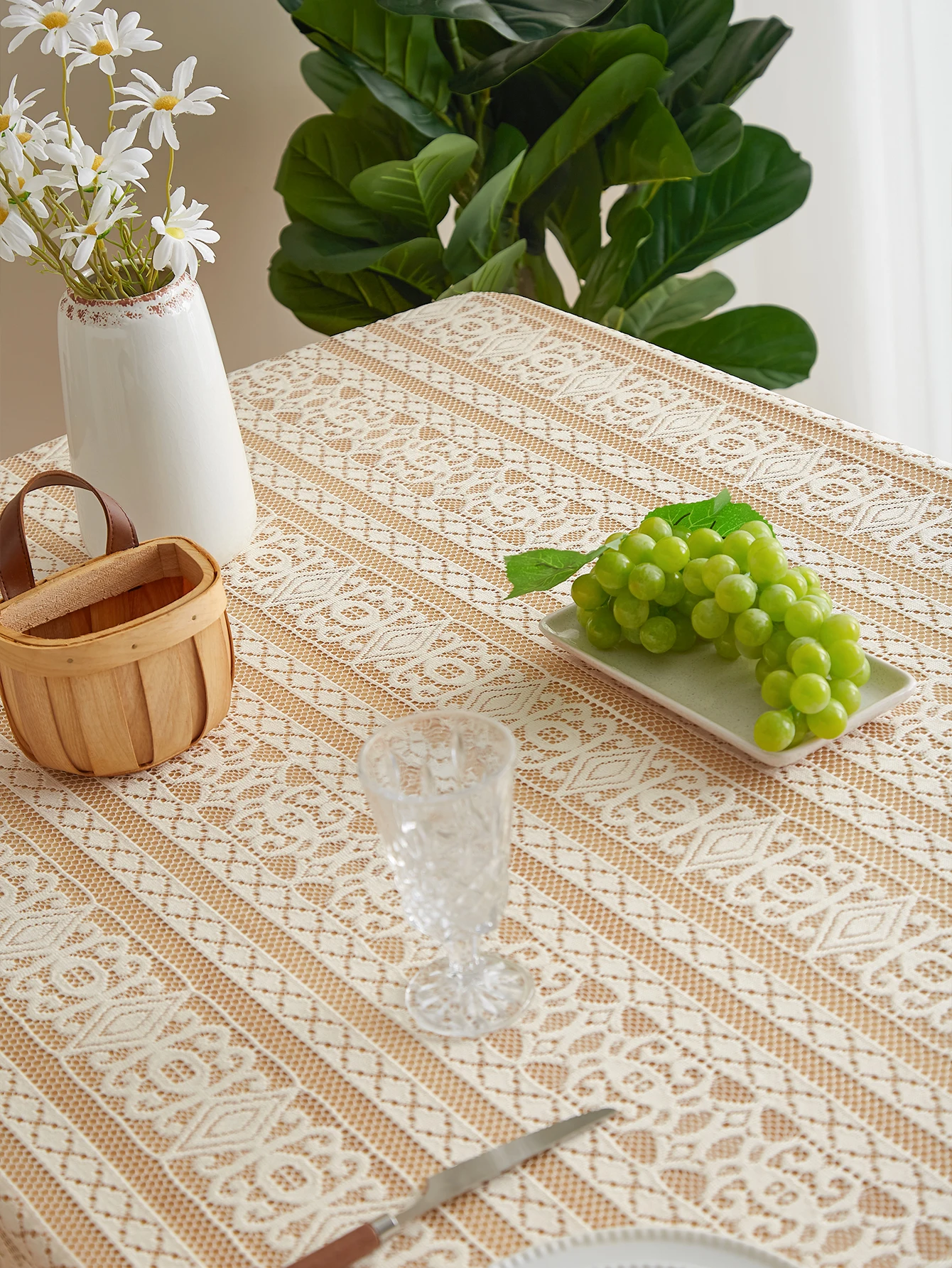 Beige Lace Striped Tablecloth with Tassels – Rectangular Coffee Table Cover 5
