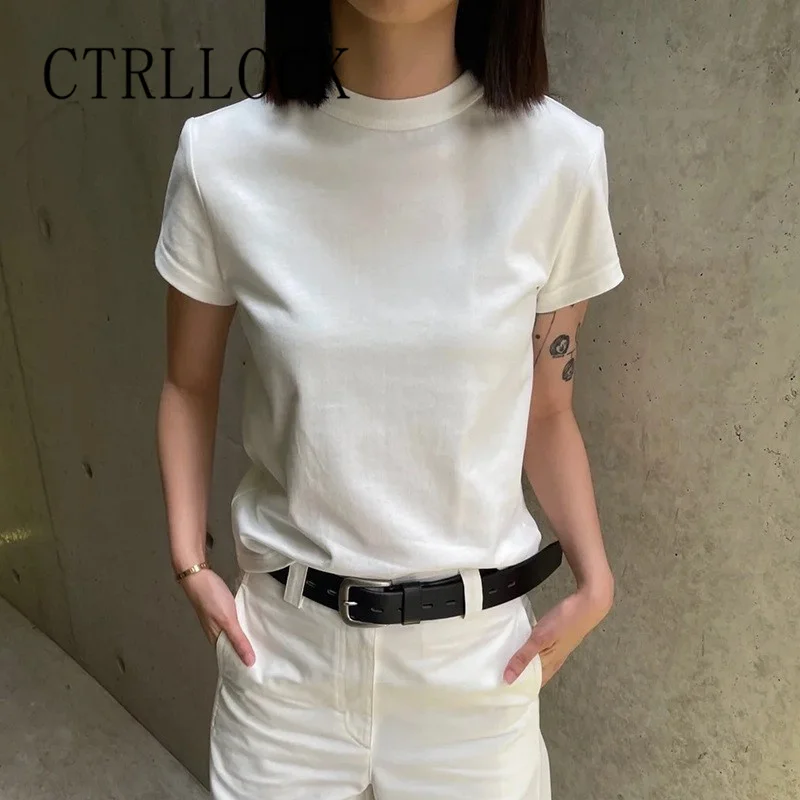 

CTRLLOCK, повседневная однотонная хлопковая Футболка с круглым вырезом и прямыми плечами и короткими рукавами, Женская Базовая летняя футболка