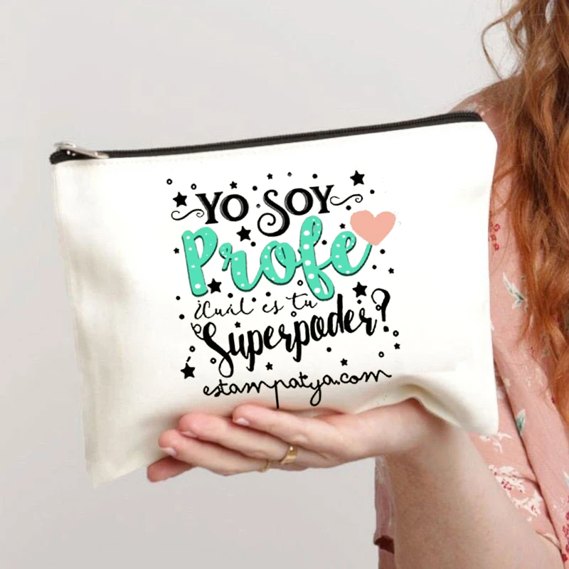 Spanish Printed Teacher Life Makeup Pouch Pencil Case School Stationery Supplies Storage Bags Travel Makeup Wash Organizer Gifts 2