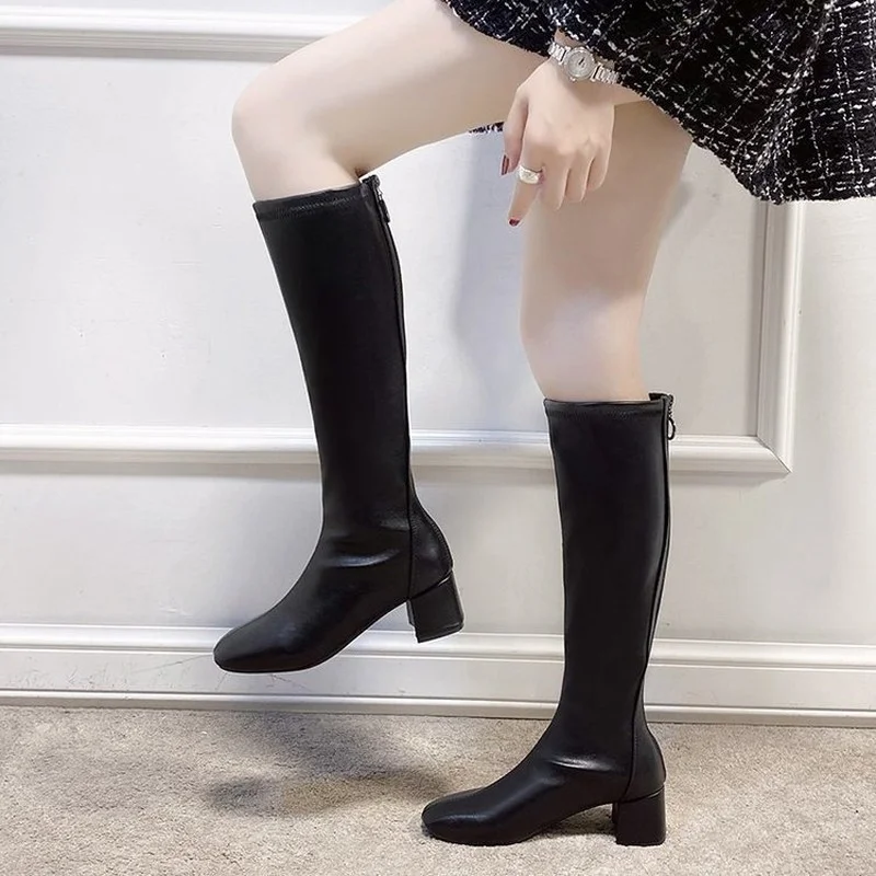 

New Winter Women Knee-High Leather Boots Lady Back Zip Fashion Square Toe Sexy Long Boots Female Shoes Black Beige Botas Mujer