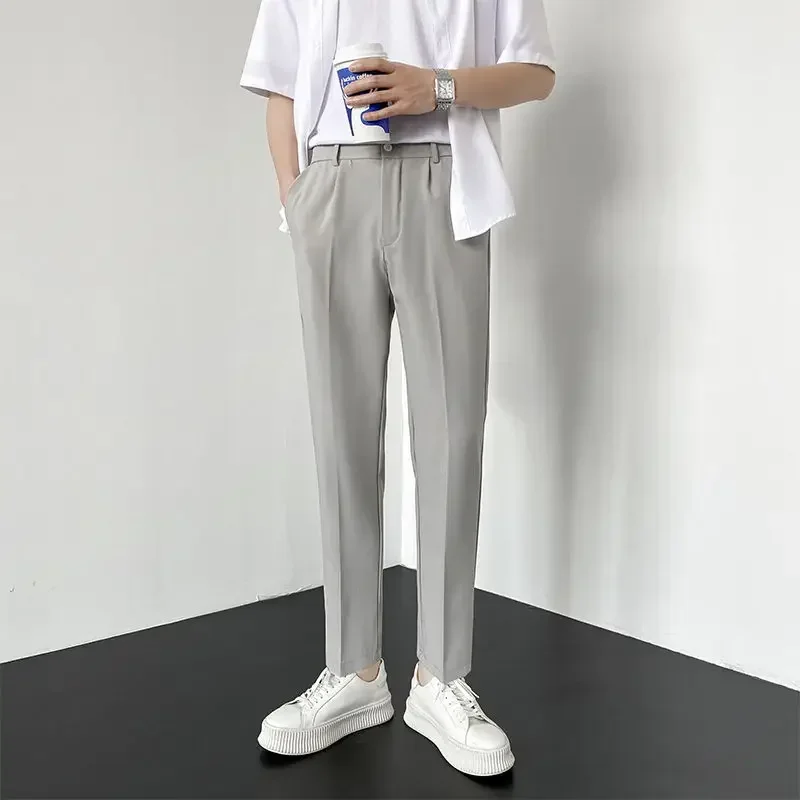 thumbnail image 1 of Pantalones holgados y elásticos para hombre, pantalones de oficina rectos y recortados, ropa de trabajo elástica fluida, vestido de estilo coreano, 1 of 5