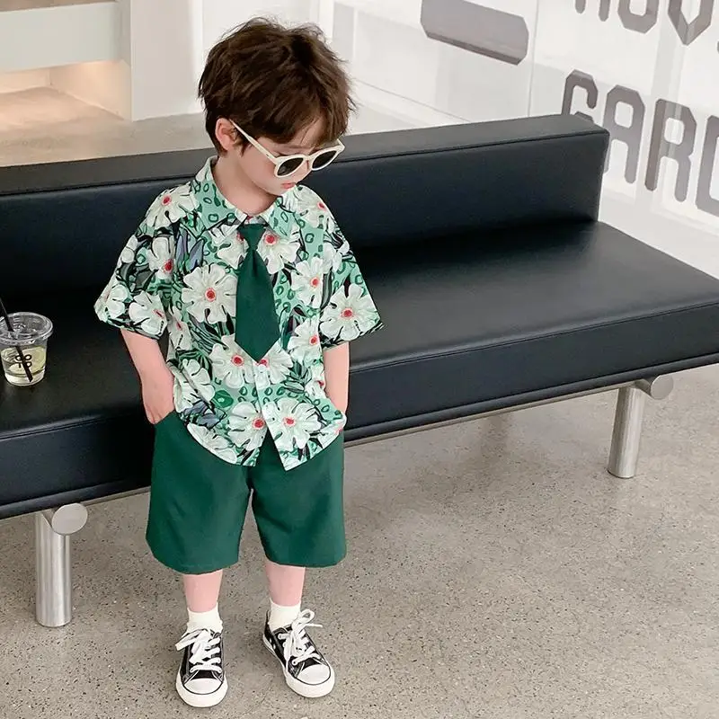 Kids Clothing Set 2-9 Yrs Boys Summer Flower Shirt Shorts Tie