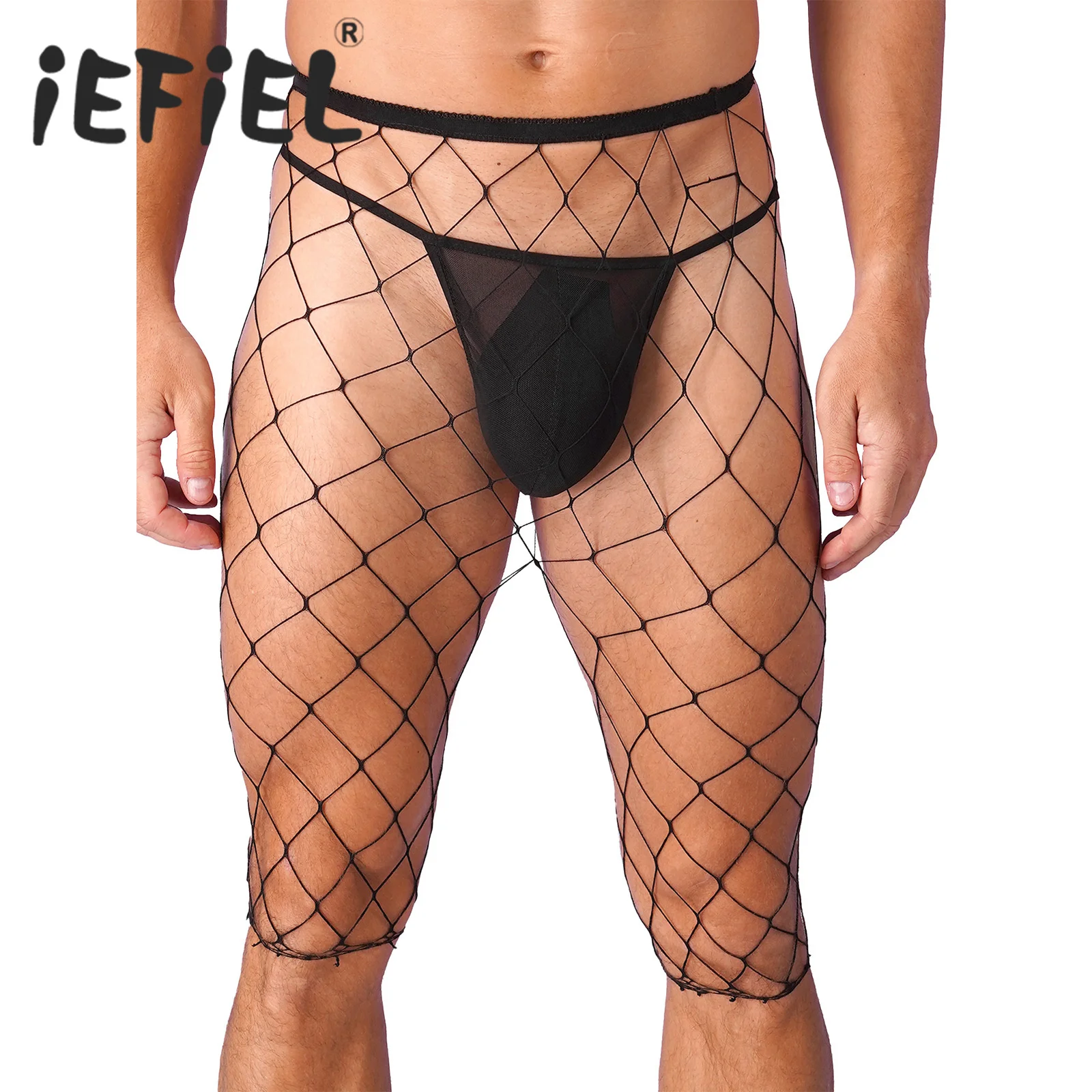 Mens Fishnet Mesh Shorts See Through High Waisted Knee Length High Stretchy Legging Half Pants Pool Party Nightclub