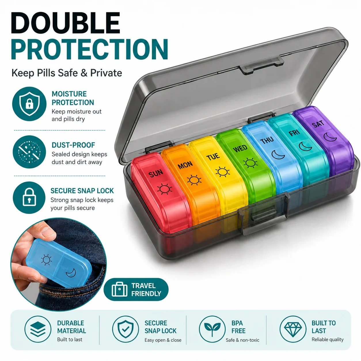 7-Day Weekly Pill Organizer with Secret Compartments, Portable Travel Medicine Storage Box