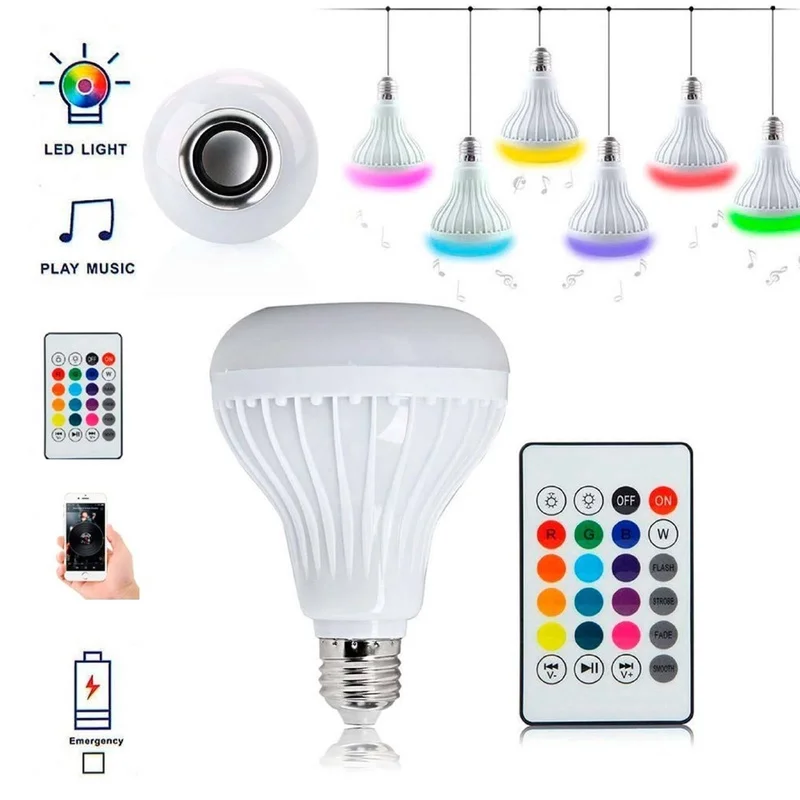 무선 블루투스 조광 가능 오디오 리모컨, E27 LED 전구, RGB 12W LED 램프, 4 키