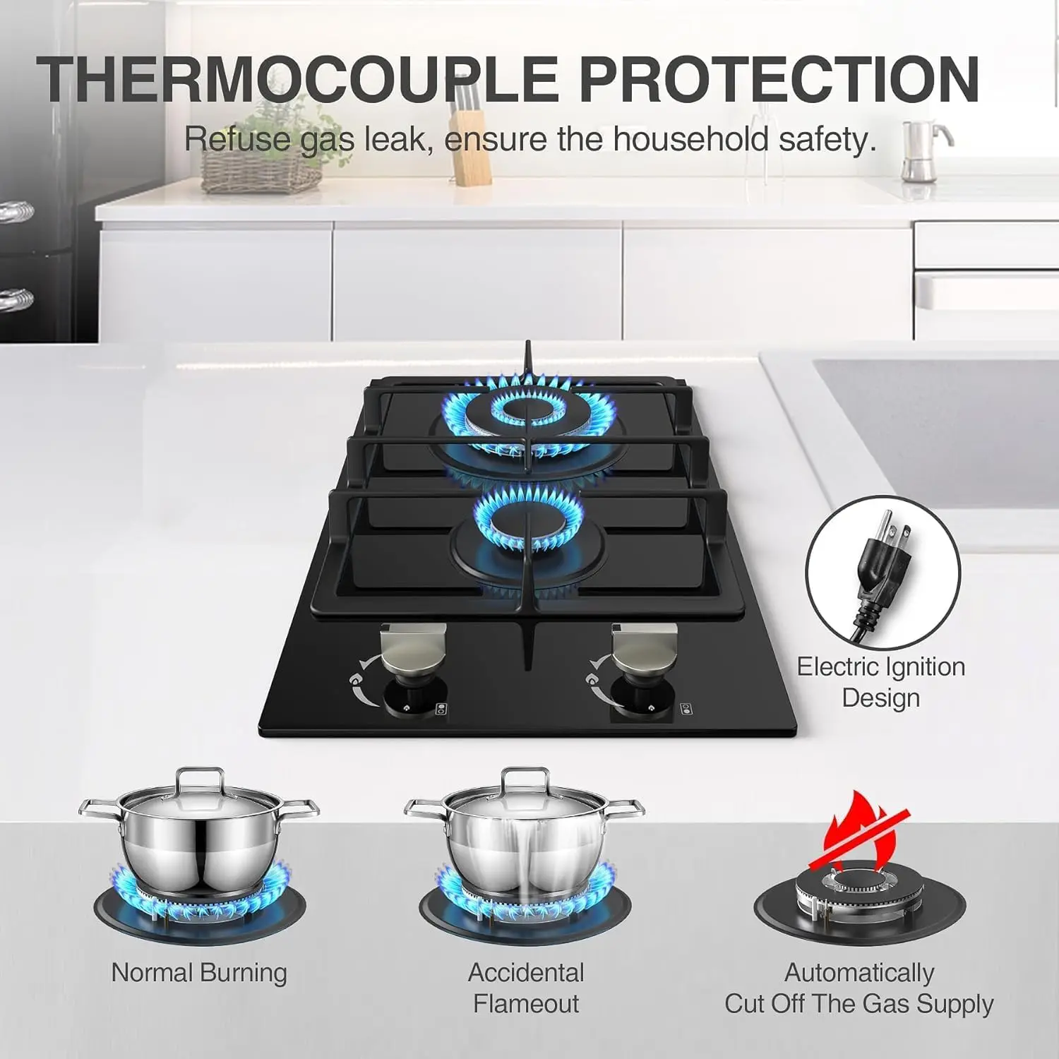 Cooktop 2 Burner, NG/LPG Dual Fuel Gas Stove Top, Built-in Gas Cooker with Thermocouple Protection,Tempered Glass Propane Co