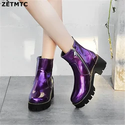 Women Laser Shining Patent Leather Ankle Boots Street Riding Chunky Heels Platform Short Plush Lining Winter Booties Young Shoes