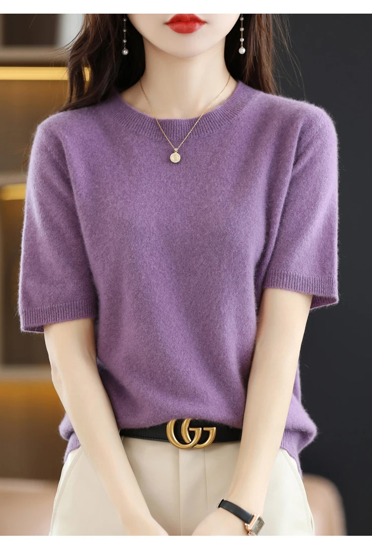ตัวเลือกสินค้า ฤดูใบไม้ผลิและฤดูร้อนใหม่แขนสั้นผู้หญิง O-คอ Slim Wool Cotton Blend เสื้อกั๊กเสื้อยืดถักเสื้อกันหนาว
