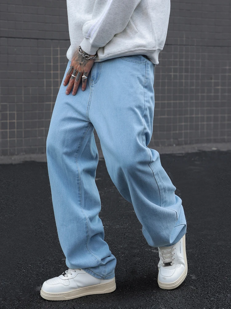 Men Jeans Cotton Baggy Y2K Elastic Waist Washed Wide Leg Solid Straight Loose Denim Trousers