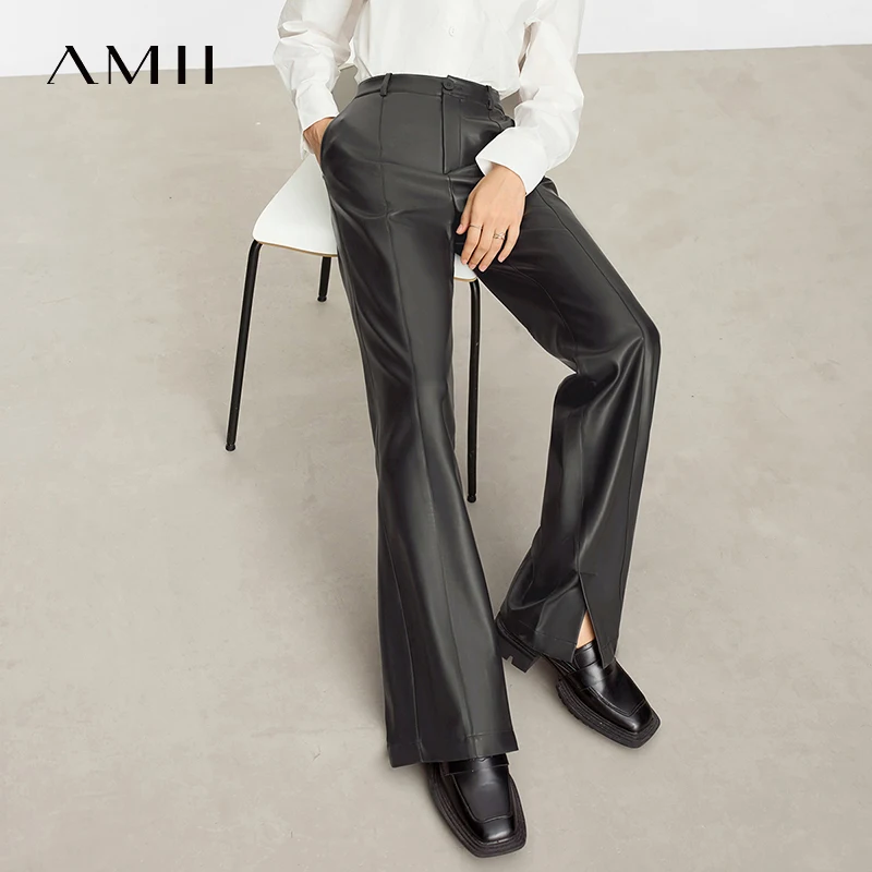 AMII Minimalist Casual Pants for Women 2025 Autumn Clothing PU Leather Loose Straight Pants Slit Office Lady Trousers 12343250