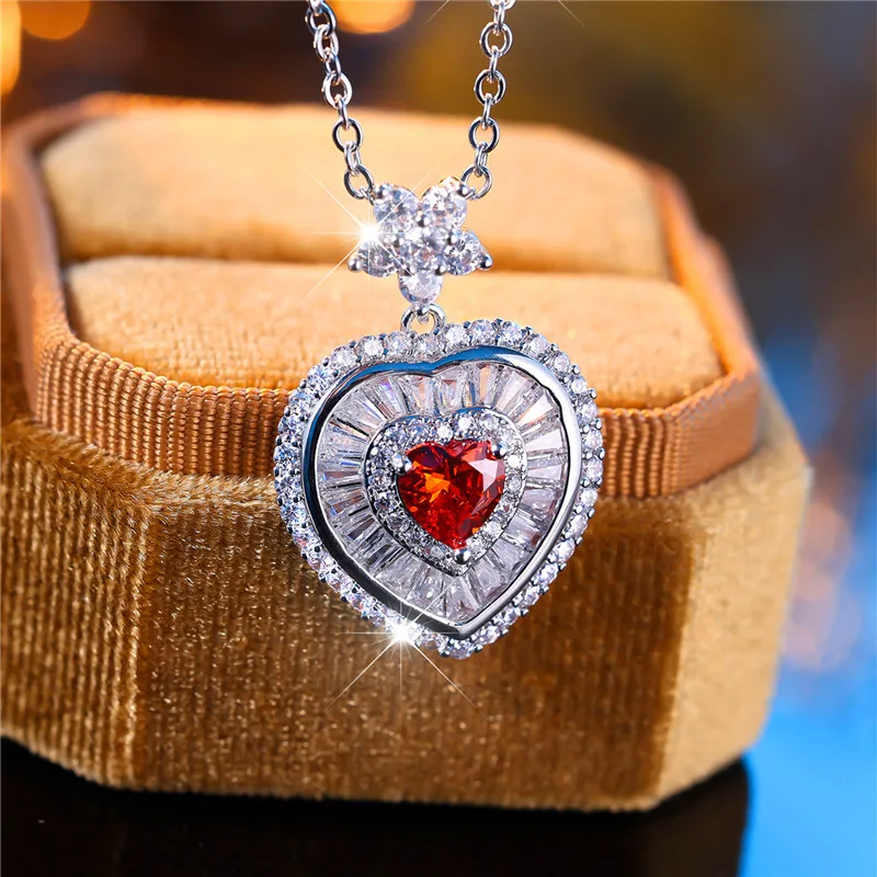 Fashion Female Red Heart Flower Pendant Necklace Cute Silver Color Wedding Jewelry Gift For Women