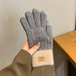 Women's Warm Plush Knitted Touchscreen Gloves - Fashionable Winter Outdoor Accessory - One Size (Gray)