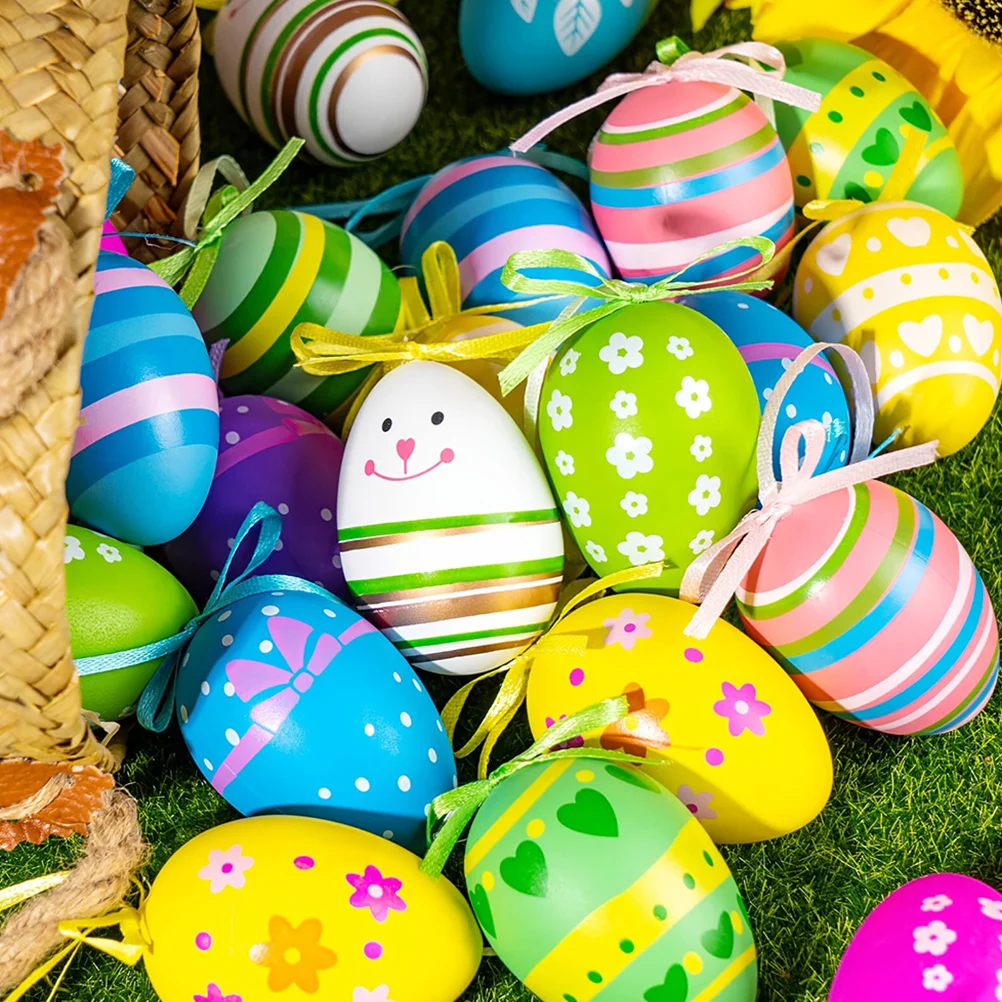 

32Pcs Easter Hanging Eggs Colorful Easter Eggs Hand Painted Hanging Ornaments Plastic Hanging Egg Ornament Flower Painted