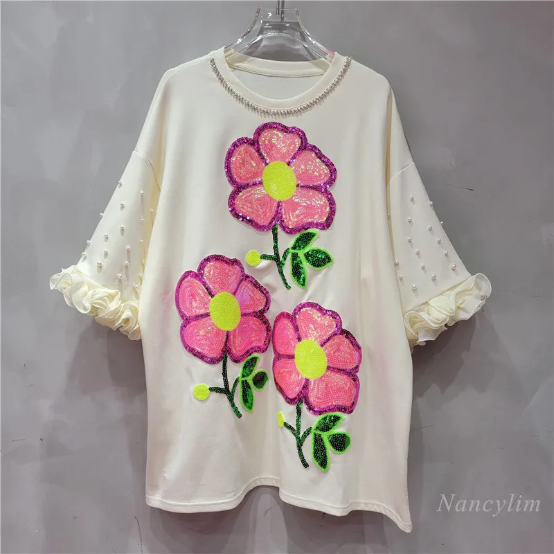 

2024 Summer New Short Sleeve Stitching Ruffles Heavy Industry T-Shirt Women Sequins Flower Loose Younger Fashion Loose Tshirt