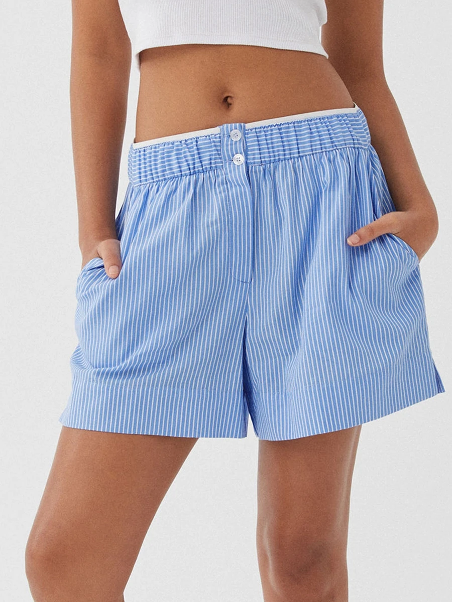 

Women's Fashion Loose Lounge Shorts Stripe Buttons High Elastic Waist Short Pants Female Summer Casual Sleeping Pajama Bottoms