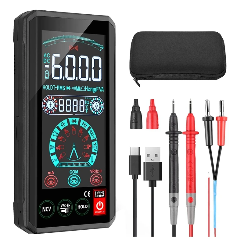 

ET8198D Digital Smart Multimeter Black 4.4In Touch Screen DC AC Voltage Current Resistance Meter TRMS VFC Input Jack Indicator