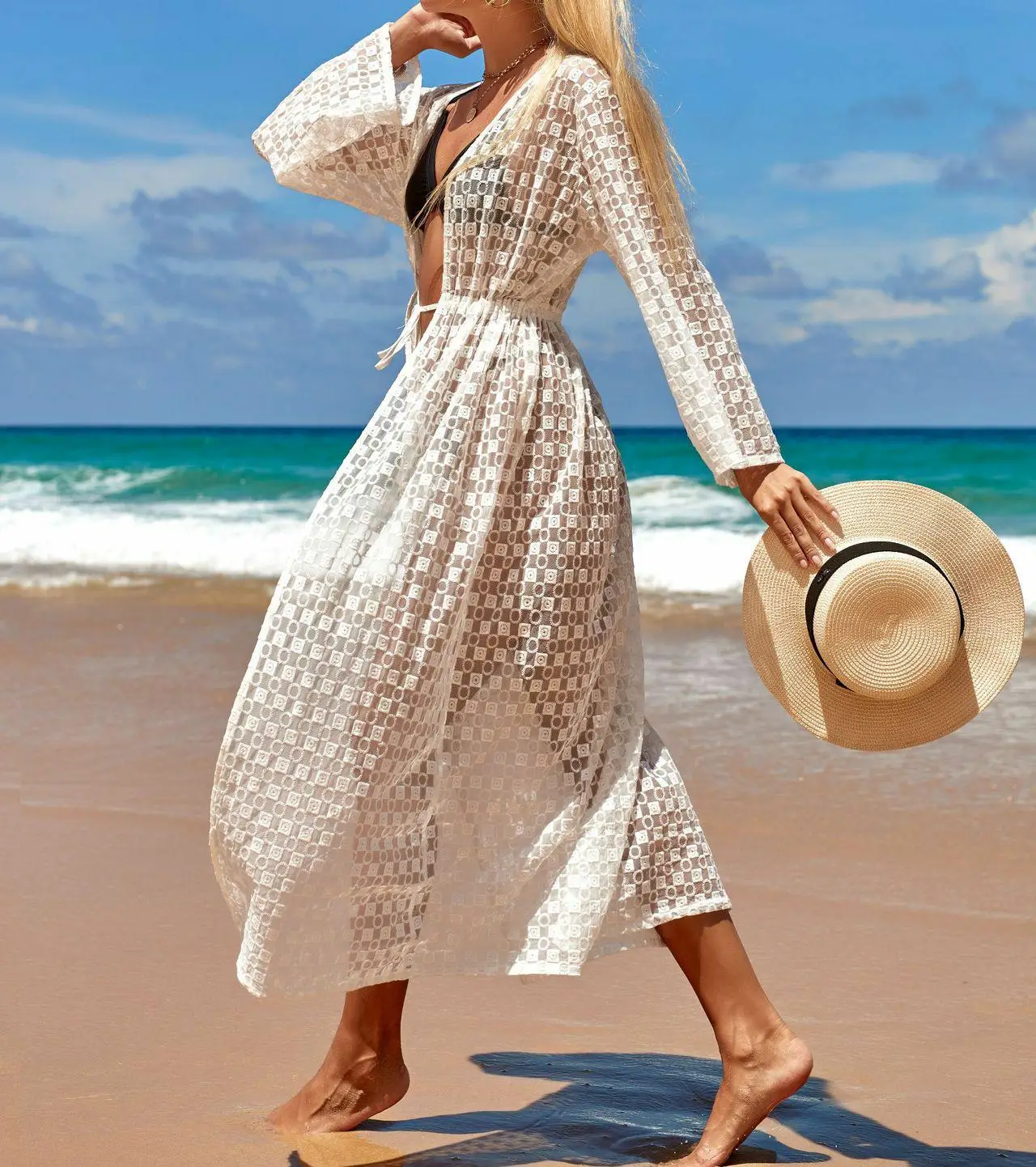 Women Suit Sexy Lace Long Sleeve Sundress Swimwear Bikini Cover Up Beach Dress Beachwear cover up beachwear