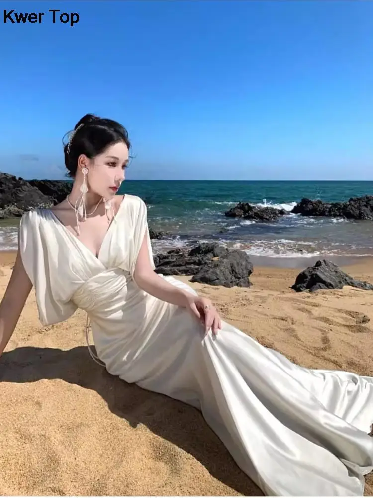 

New Elegant Sleeveless Satin Evening Dresses Women Sexy Backless V-neck Wedding Party Vacation Vestidos Korean Chic Design Robe