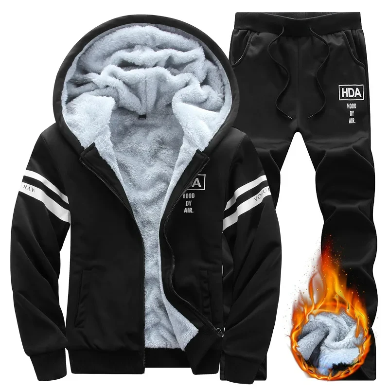 2023 Large Winter Men's Casual Sports Plush Set Hooded Coat Korean Edition Warm and Thickened Two Piece Set Clothes for Men 2