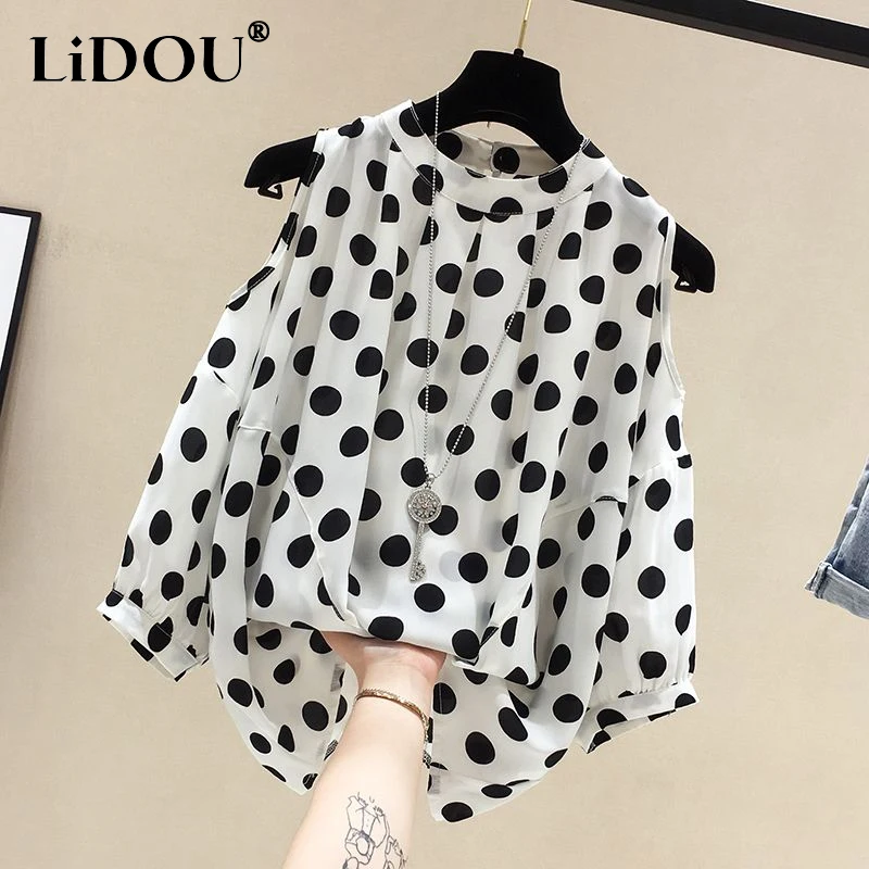 

Summer New Round Neck Short Sleeve Chiffon Shirt Women Polka Dot Printing Off Shoulder Hollow Tops 2023 Elegant Loose Pullovers