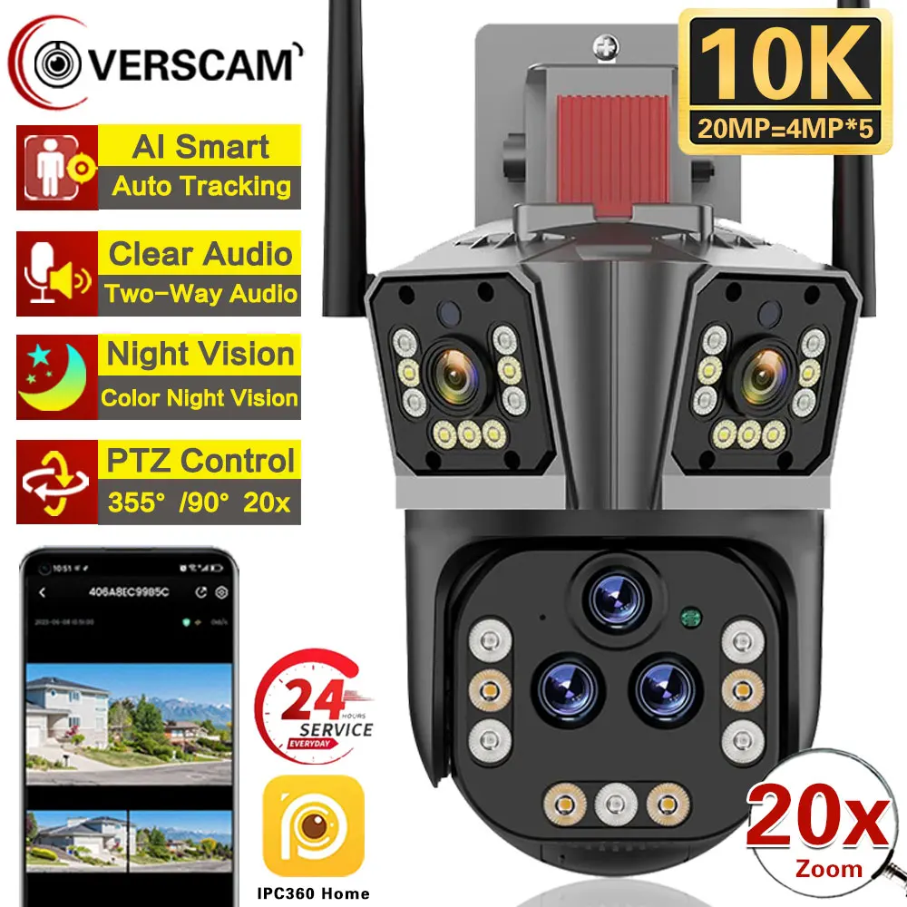 10K 20MP IP Camera 20X Zoom WiFi Wireless Five Lens Outdoor PTZ Home Security Protection Auto Tracking CCTV Video Surveillance 6k 12mp wifi ip camera security protection 4k 8mp outdoor wireless ai tracking 8x zoom ptz three lens cctv video surveillance