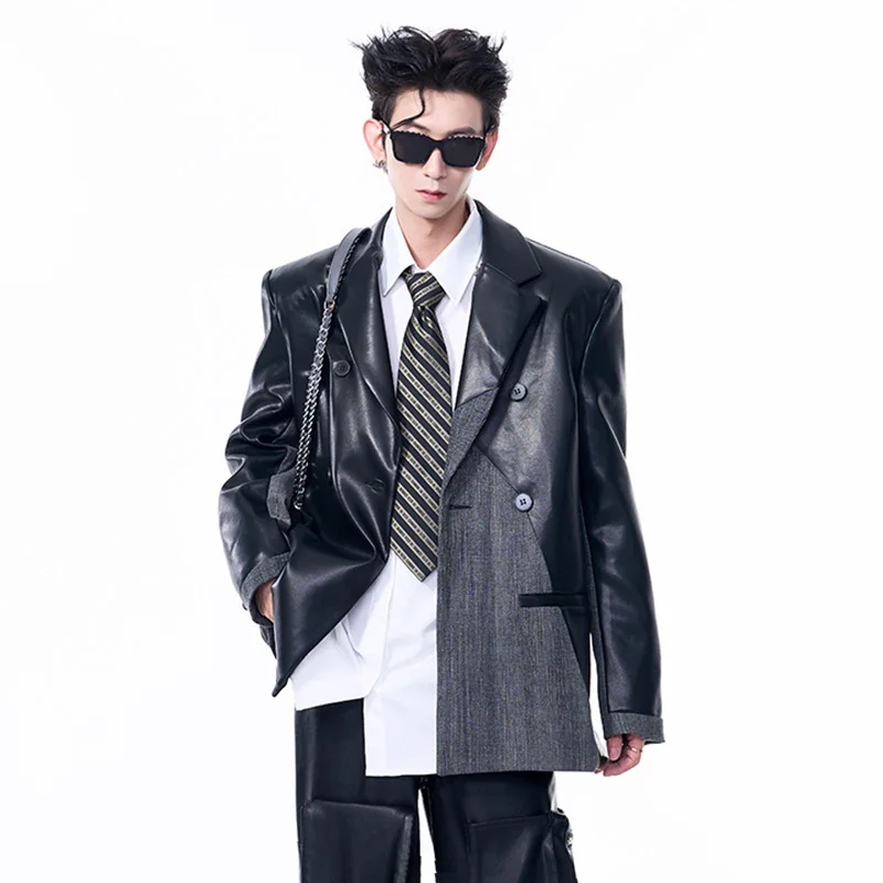 LUZHEN Faux Leather Patchwork Denim Shoulder Padded Suit Jacket Men's Autumn High-end Trendy Designer Street Blazer Coats LZ6993