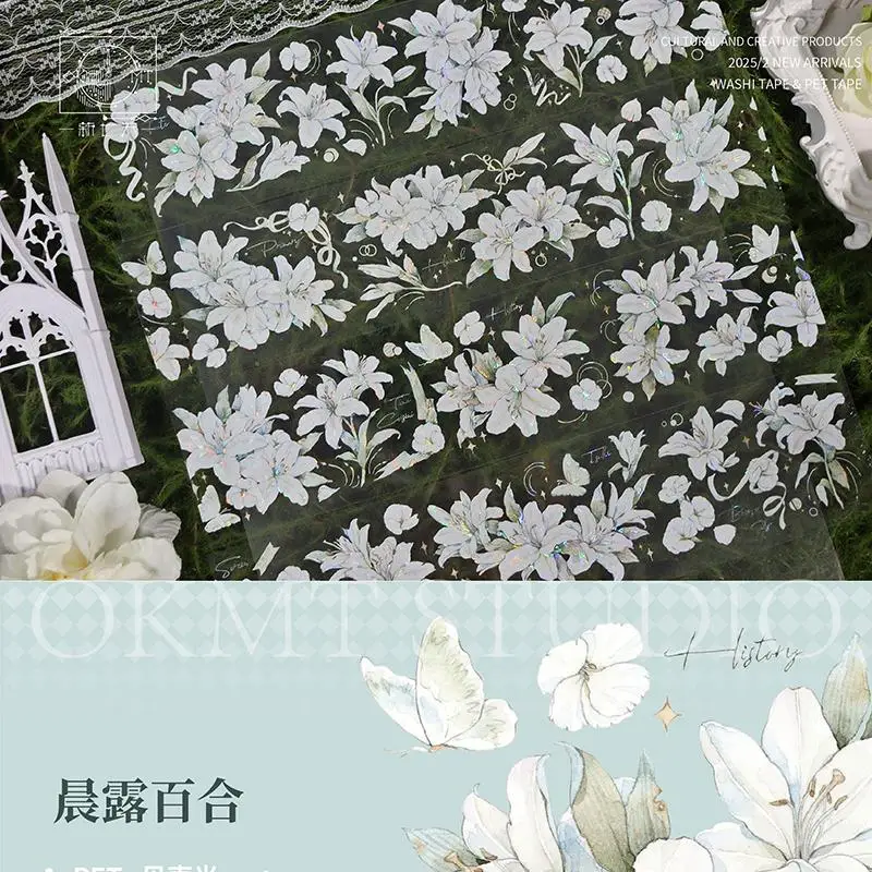 꽃이 만발한 아침 이슬 백합과 달빛 이슬 방울 디자인을 특징으로 하는 OKMT PET 스티커 및 와시 테이프