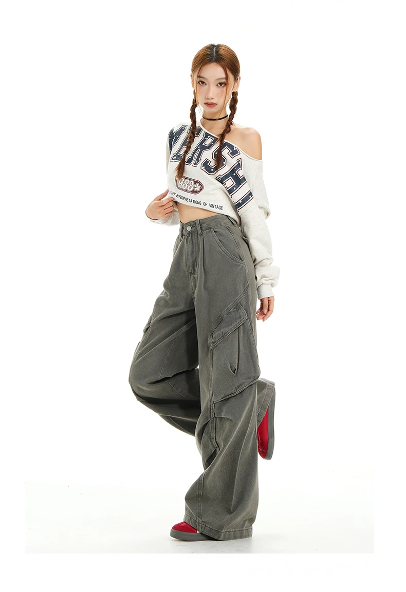 Retro Casual High Waisted Baggy Cargo Jeans Women Washed Distressed Wide Leg Pants Brown Denim Y2K Streetwear Vintage Trousers