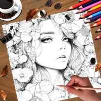 Livre d'images pour adultes : belles femmes en floraison pour une pratique du maquillage avec des portraits détaillés et des techniques de crayons à colorier 3
