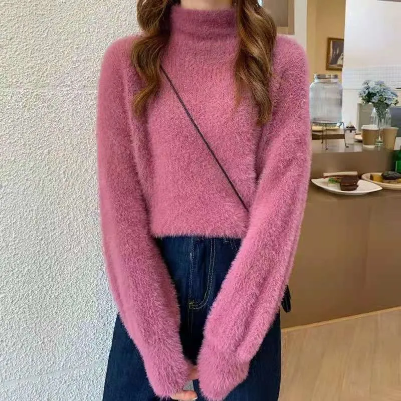 N3 2025 Winter Imitate Mink Wool Hot Fleecing Female Turtleneck Elastic Casual Sweater Women Knitted Tops Pullovers Soft  Warm