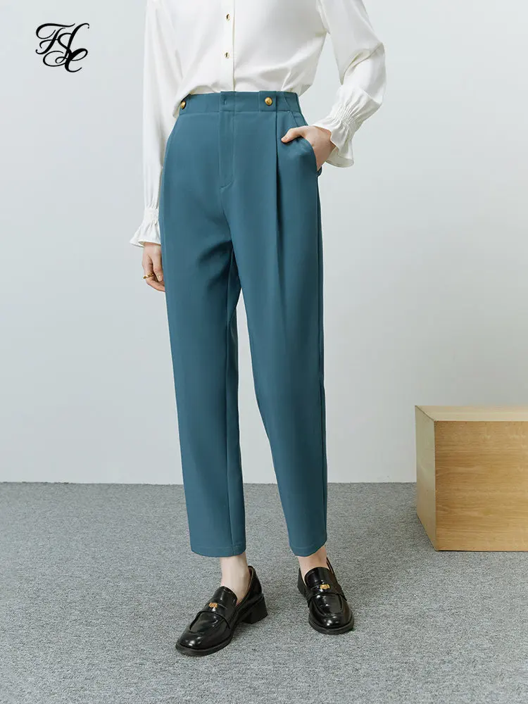 

FSLE Women High Waist Cropped Solid Suit Two Button Decoration Pleated Design Black Commuter Tapered Suit Pants Drape Trousers