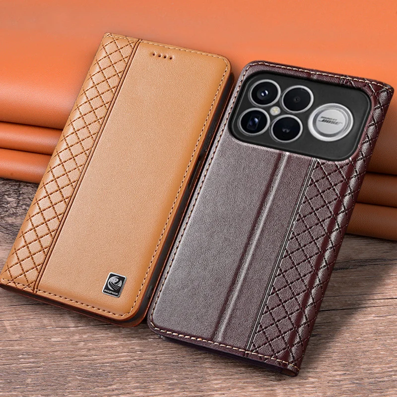 Genuine Leather Flip Wallet Case with Magnetic Closure and Card Pocket – Cowhide Grid Pattern