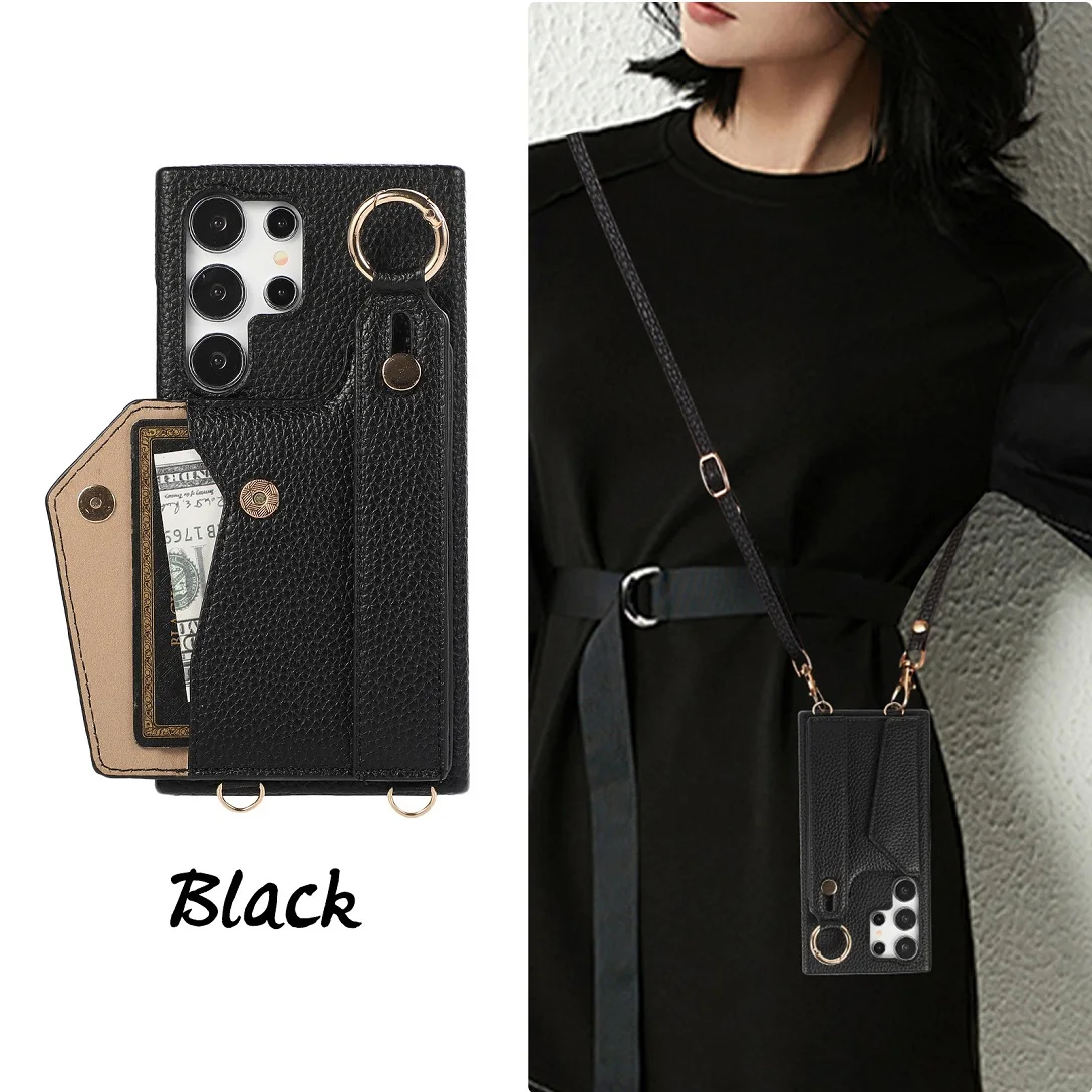 Luxury Shoulder Leather Wallet Case with Card Slot and Hand Strap - Purse Phone Cover
