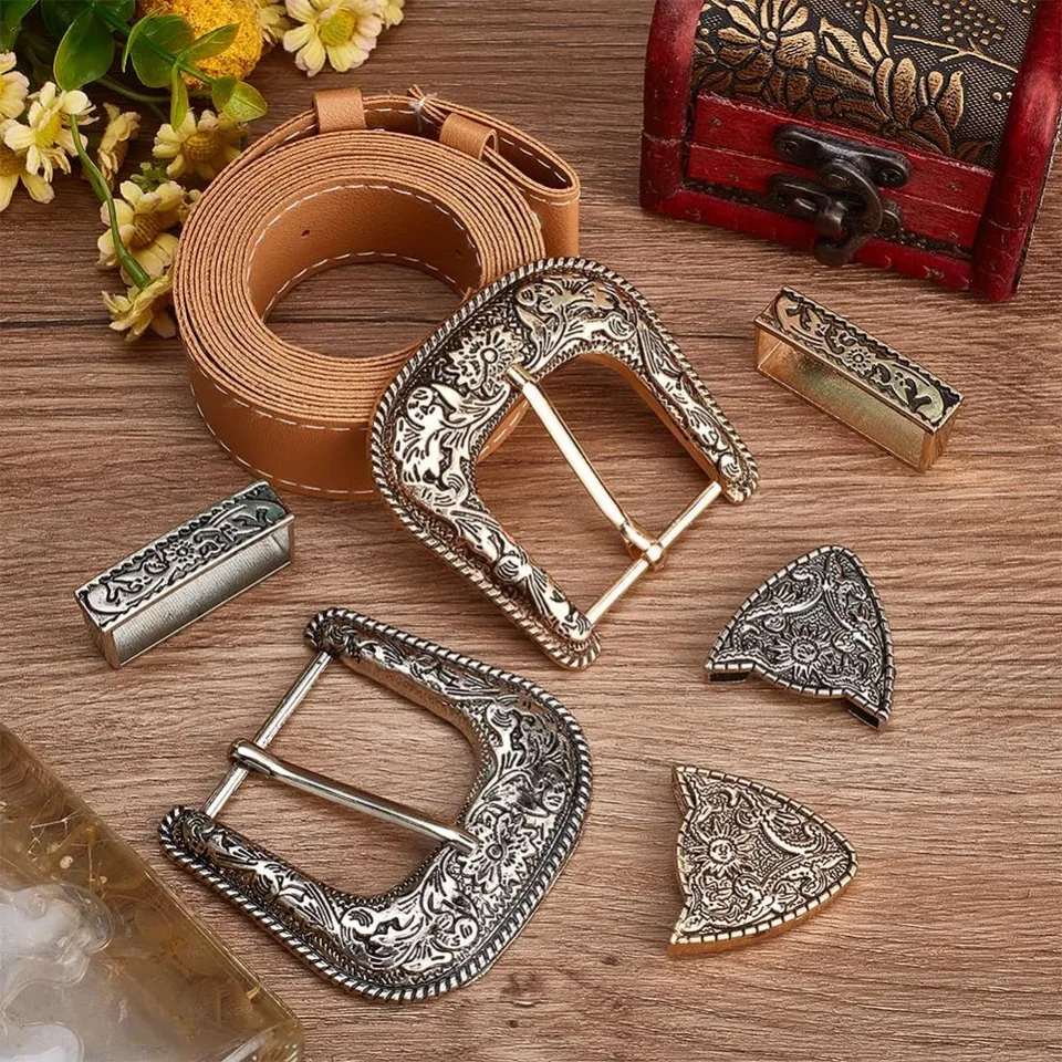 Set Fibbie Per Cintura Western Vintage – Argento Antico Fiore – Adatte Per Cinturino 40mm