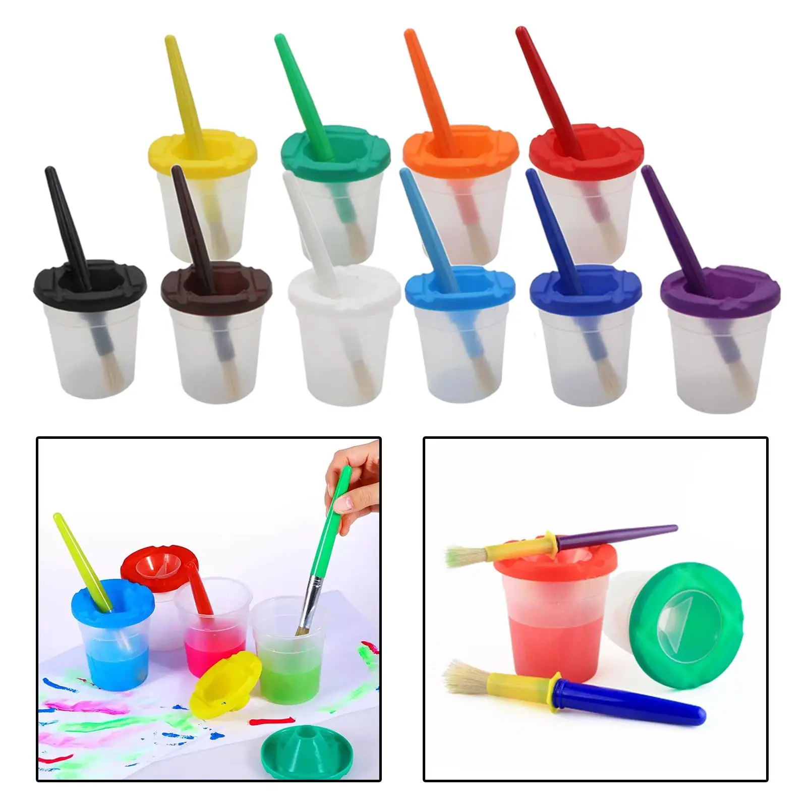 Childrens Paint Cups 10 Pieces with Lids Paint Cups Set and Brushes anti for Toddlers painting brushes paint cups