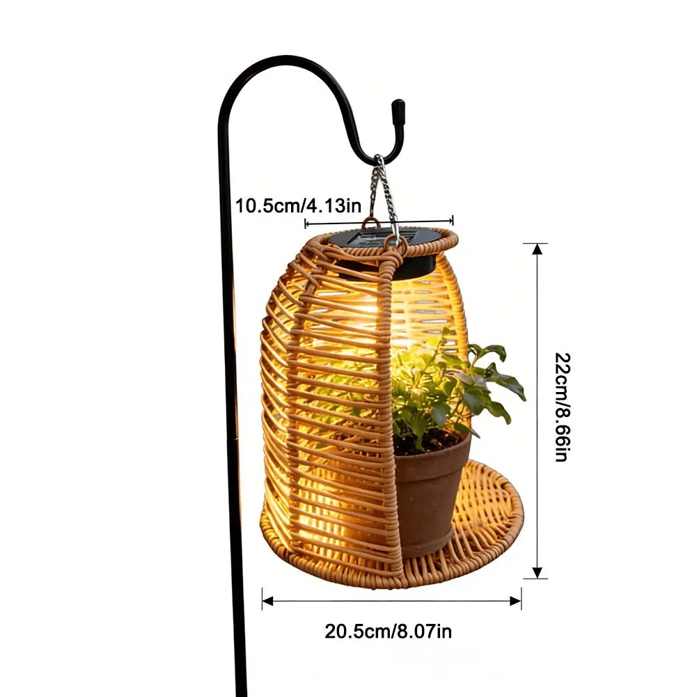 Rattan solar lantern package contents including chain and ground stake