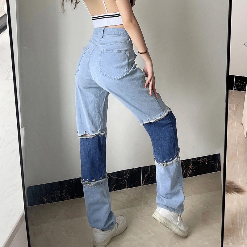 Loose Patchwork Ripped Pins Color Matching Drape Straight Jeans Y2K High Waist Pants Loose Wide Leg Pants 2022 New Streetwear